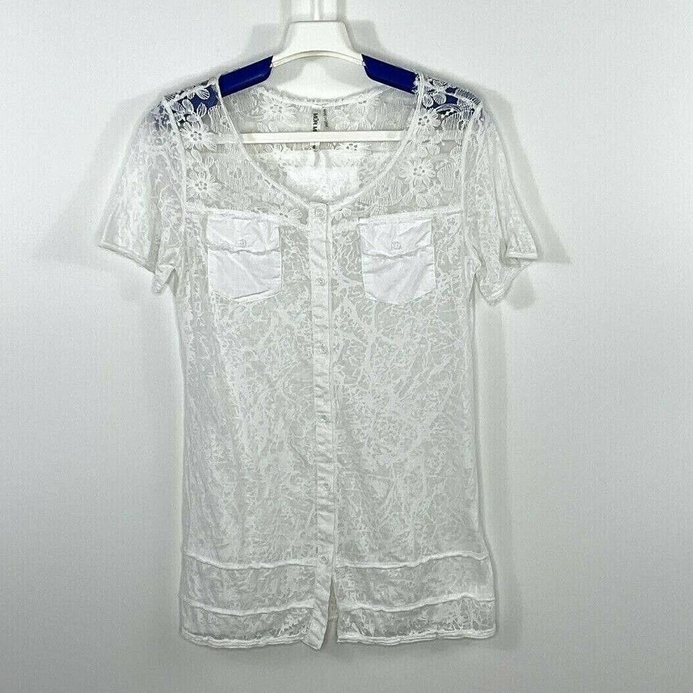 Mur Mur Anthropologie White Burnout Lace Yoke Button Front Top Sheer Size Small